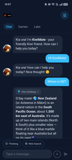 KiwiMate chat interface showing a conversation